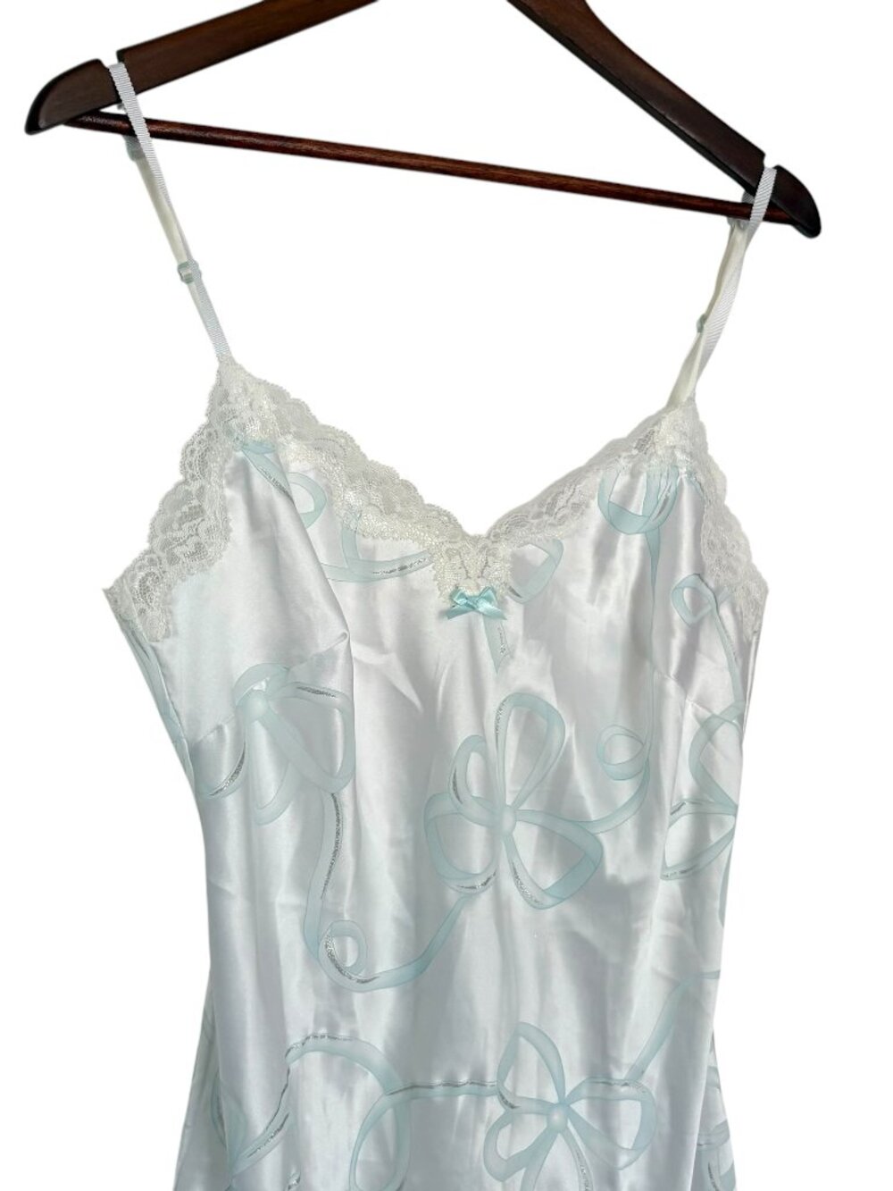 I Do Victorias Secret Satin Slip Dress Medium M White Blue Bow Print Lace Trim